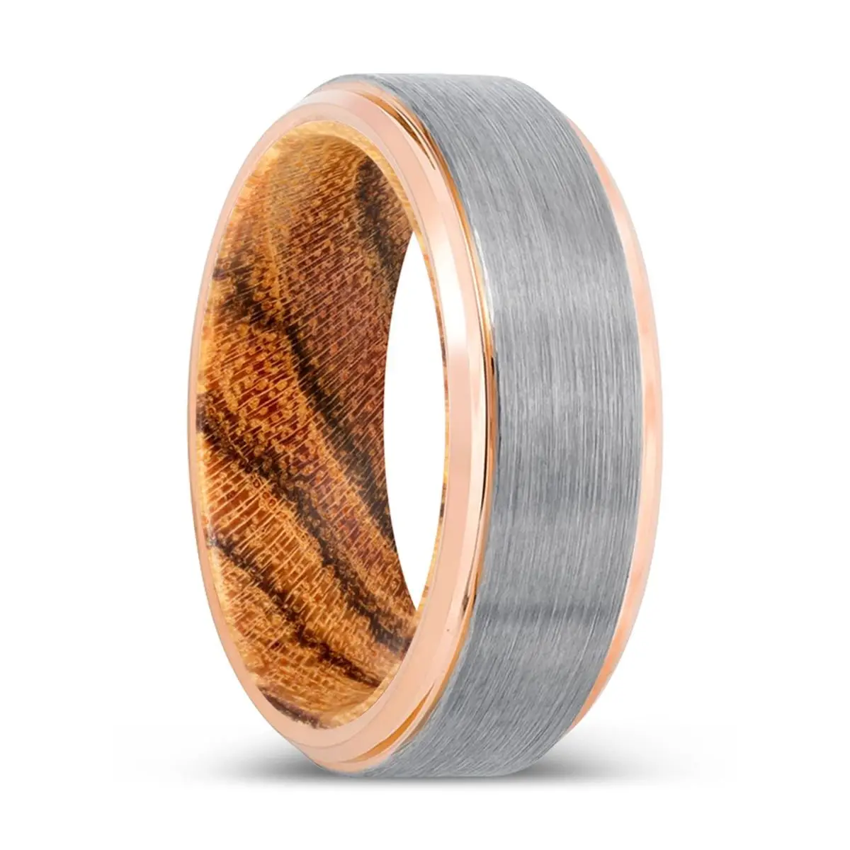 Stinger | Bocote Wood, Silver Tungsten Ring, Brushed, Rose Gold Stepped Edge 1