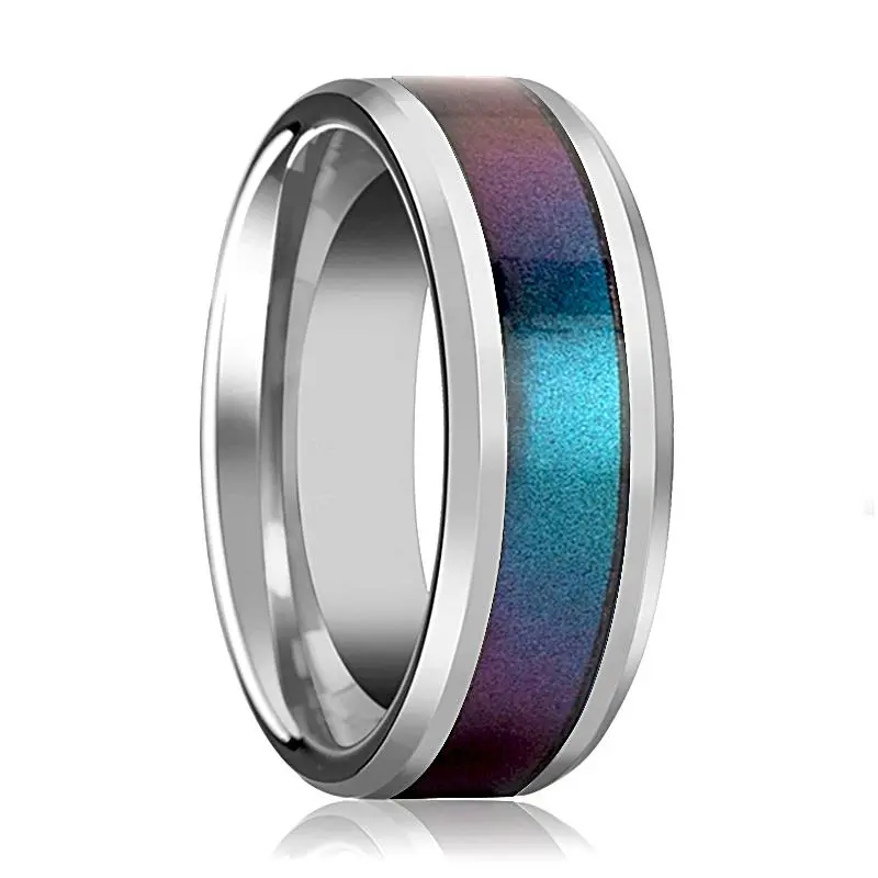 Stingray | Silver Tungsten Ring, Blue Purple Color Changing Inlay, Beveled 1