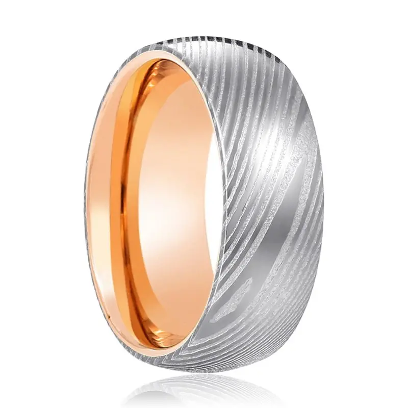 Storm | Rose Gold Ring, Silver Damascus Steel, Domed 1