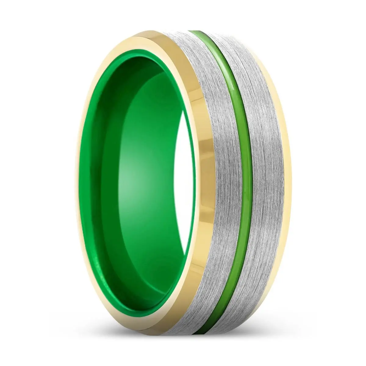 Stormlord | Green Ring, Silver Tungsten Ring, Green Groove, Gold Beveled Edge 1