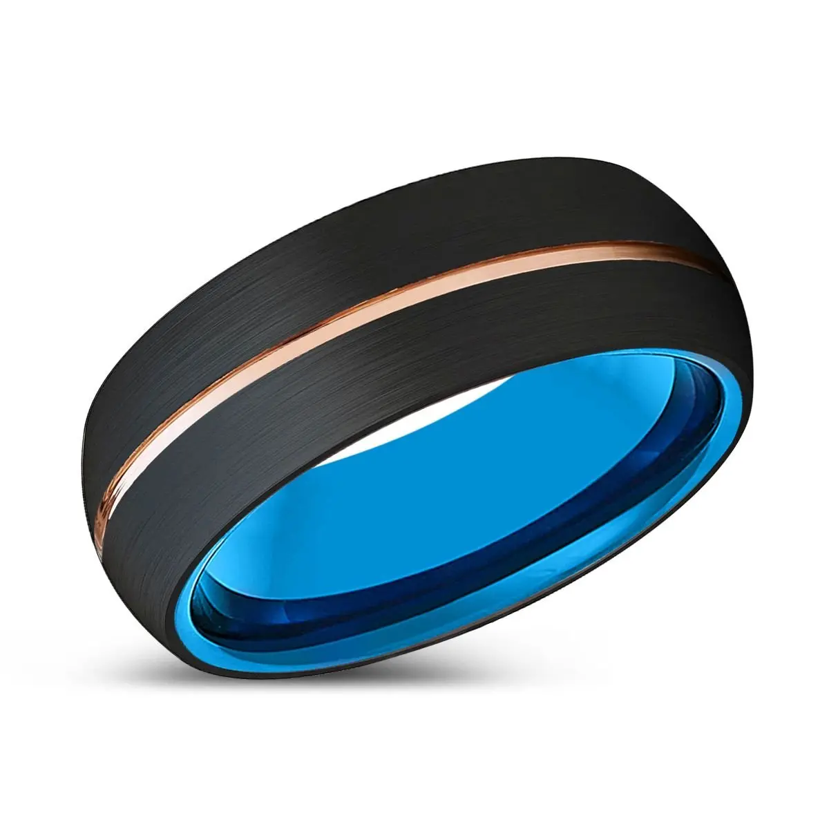 Stream | Blue Tungsten Ring, Black Tungsten Ring, Rose Gold Groove, Domed 2