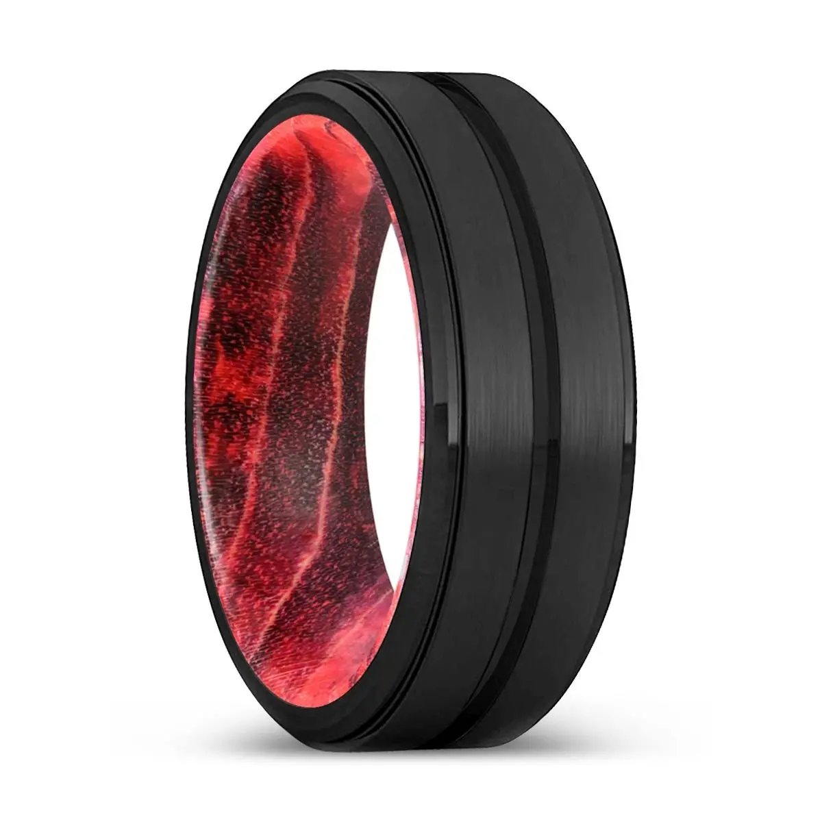 Stuart | Black & Red Wood, Black Tungsten Ring, Grooved, Stepped Edge 1