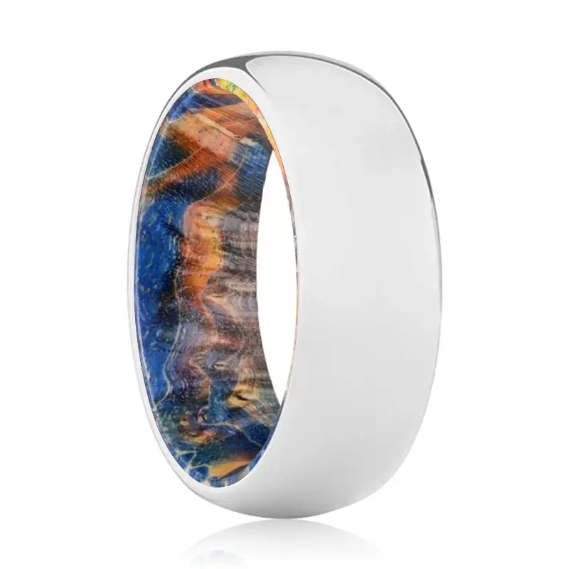 Summer | Blue & Yellow/Orange Wood, Silver Tungsten Ring, Shiny, Domed 1