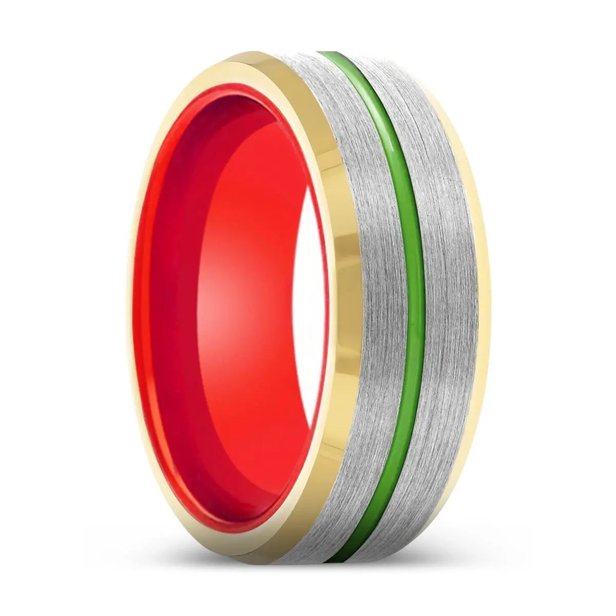 Sunlord | Red Ring, Silver Tungsten Ring, Green Groove, Gold Beveled Edge 1