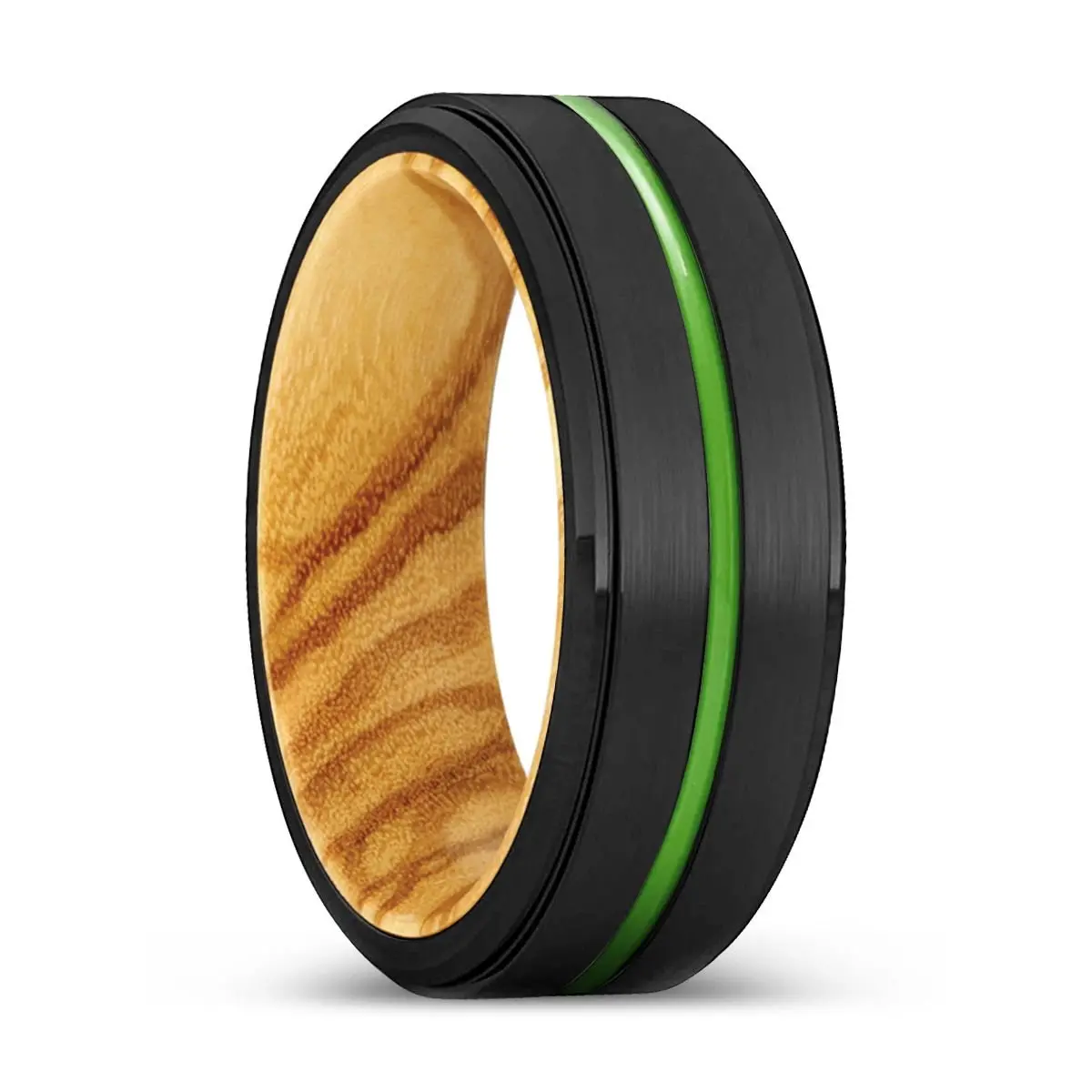 Sunnyvale | Olive Wood, Black Tungsten Ring, Green Groove, Stepped Edge 1