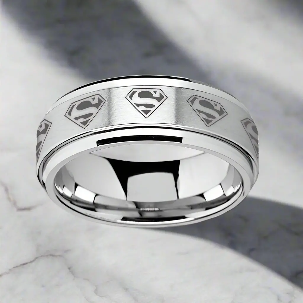 Supreme | Silver Tungsten Ring, Fidget Spinner, Laser Engraved Superman, Beveled 1