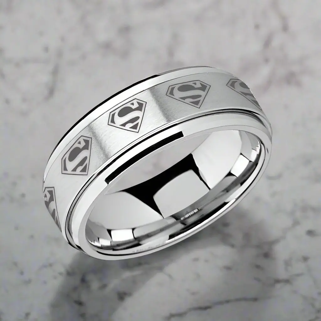 Supreme | Silver Tungsten Ring, Fidget Spinner, Laser Engraved Superman, Beveled 2