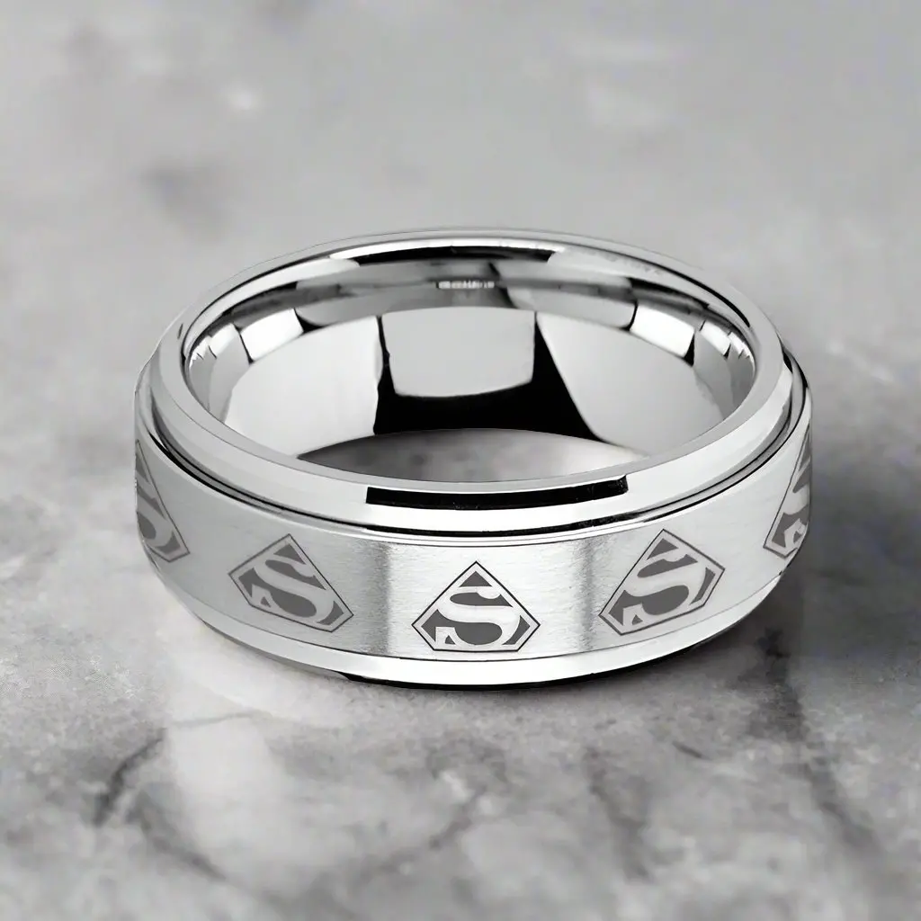 Supreme | Silver Tungsten Ring, Fidget Spinner, Laser Engraved Superman, Beveled 3