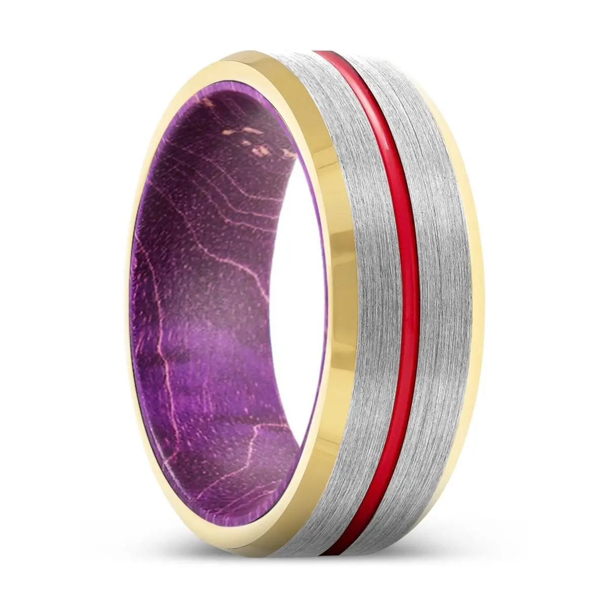 Surge | Purple Wood, Silver Tungsten Ring, Red Groove, Gold Beveled Edge 1