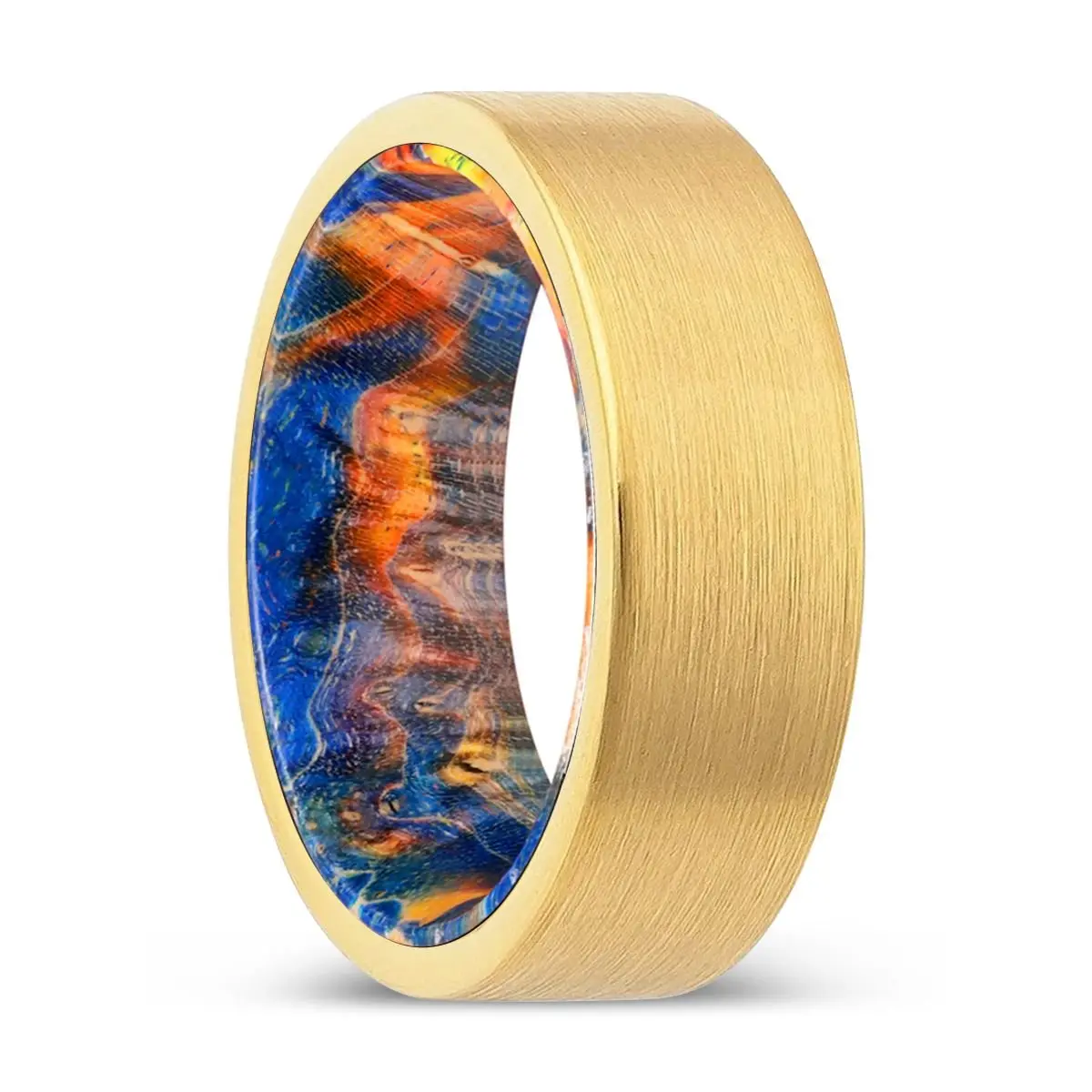 Sutton | Blue & Yellow/Orange Wood, Gold Tungsten Ring, Brushed, Flat 1
