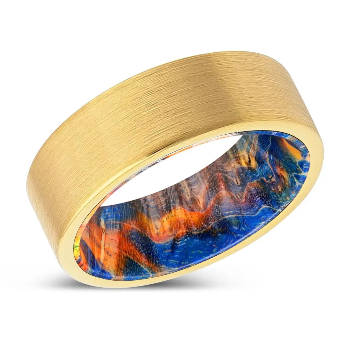 Sutton | Blue & Yellow/Orange Wood, Gold Tungsten Ring, Brushed, Flat 2