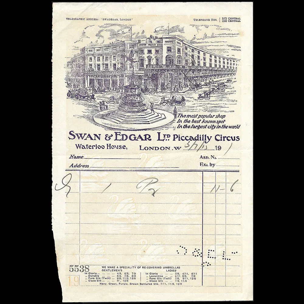 Swan & Edgar - Facture Du Grand Magasin, Piccadilly, London (1900S) 1