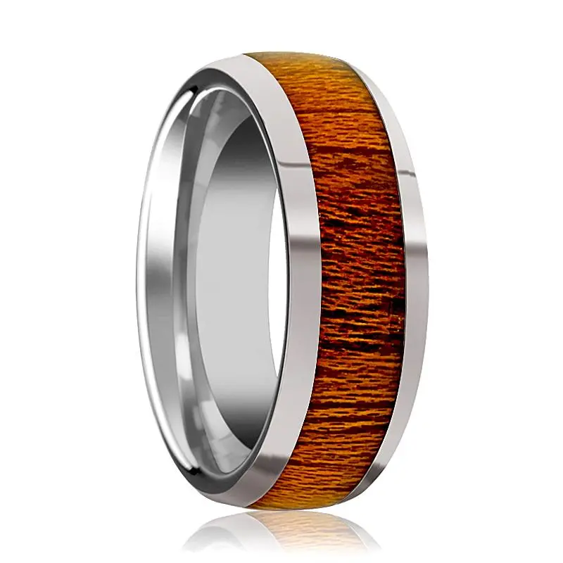 Swietenia | Silver Tungsten Ring, Mahogany Wood Inlay, Domed 1