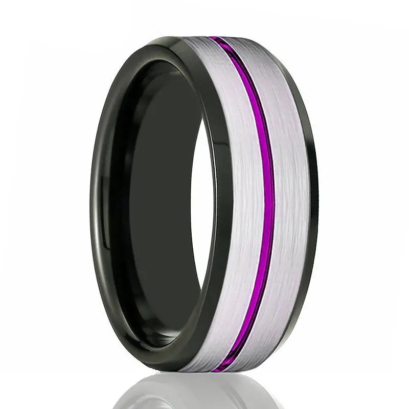 Swoosh | Black Ring, Silver Brushed Purple Groove Black Beveled 1