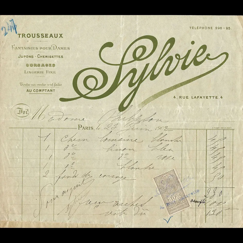 Sylvie - Facture De La Maison De Trousseaux, 4 Rue Lafayette Paris (1902) 1