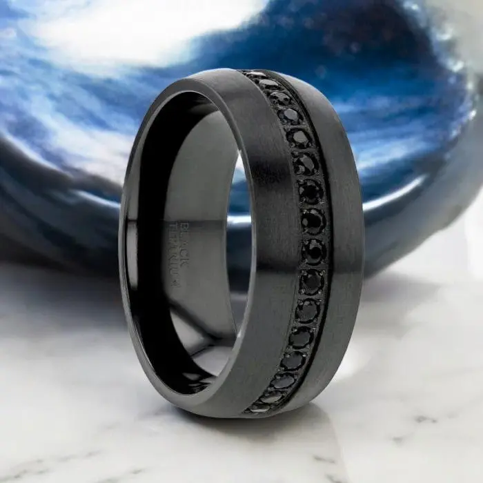 Talon | Black Titanium Ring, Black Sapphires Inlay, Domed 1