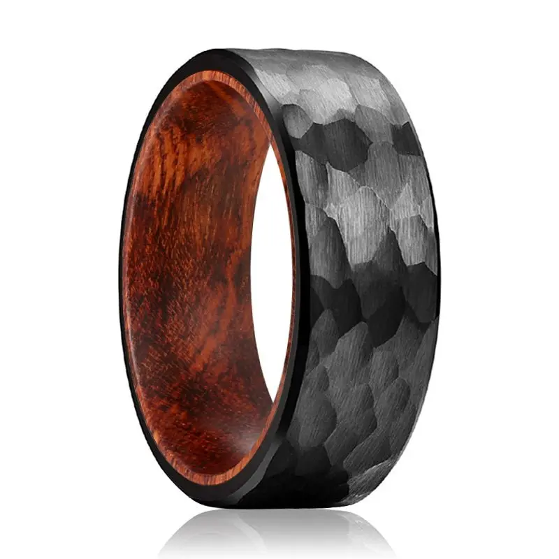 Tangle | Snake Wood, Black Tungsten Ring, Hammered, Flat 1