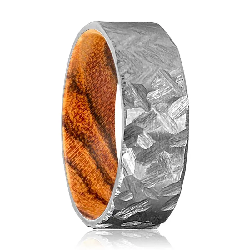Tanner | Bocote Wood, Silver Titanium Ring, Hammered, Flat 1