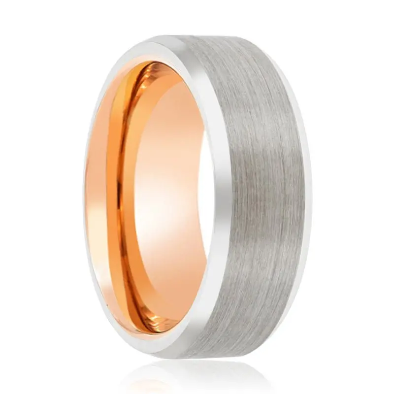 Taurus | Rose Gold Ring, Silver Tungsten Ring, Brushed, Beveled 1