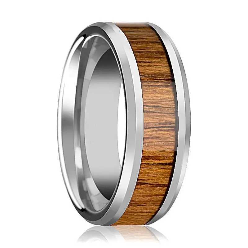 Tekku | Silver Tungsten Ring, Teak Wood Inlay, Beveled 1