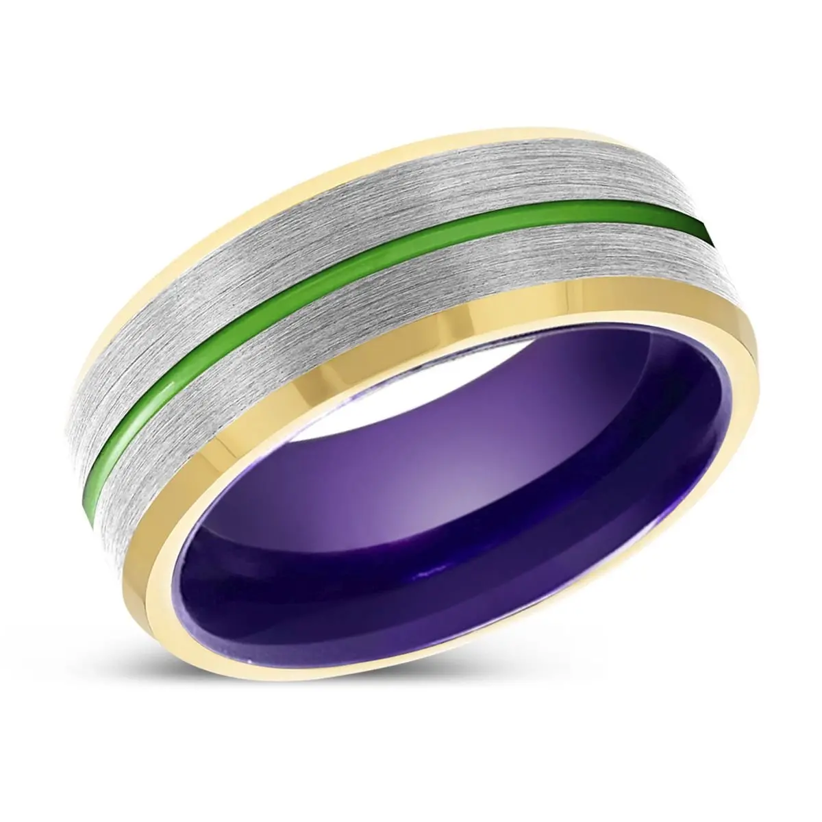 Templar | Purple Ring, Silver Tungsten Ring, Green Groove, Gold Beveled Edge 2