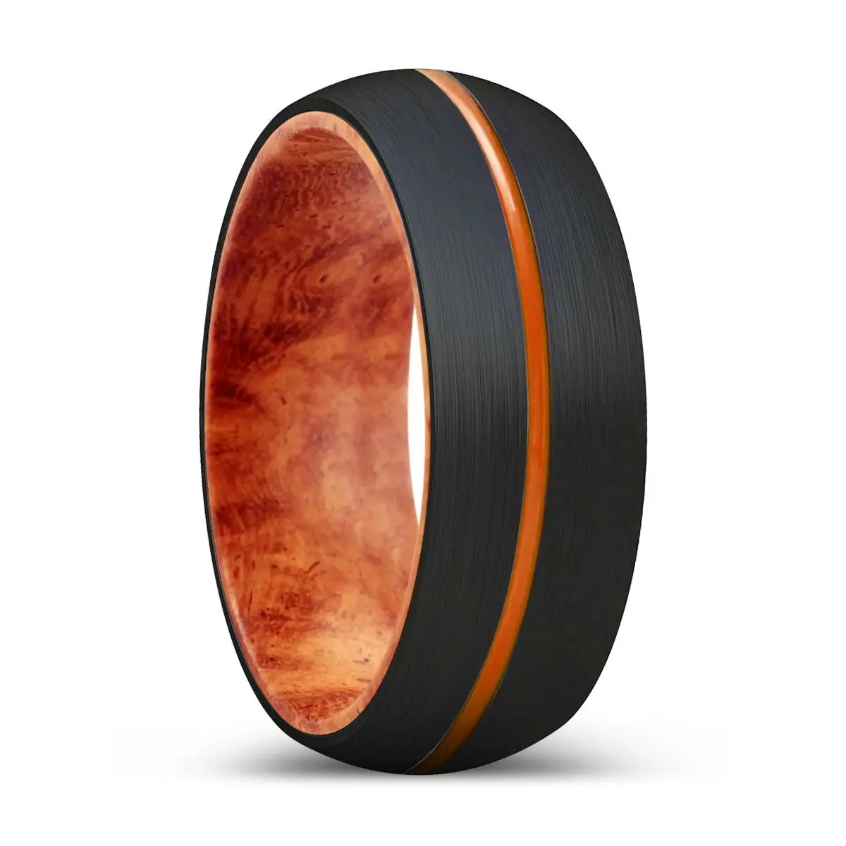Templewood | Red Burl Wood, Black Tungsten Ring, Orange Groove, Domed 1