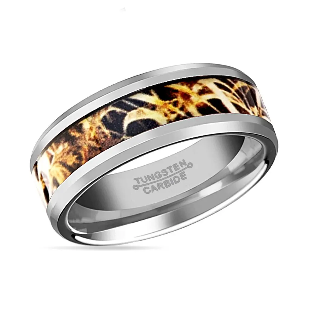 Terra | Tungsten Ring, Leaves Grassland Camo Inlay, Beveled 2