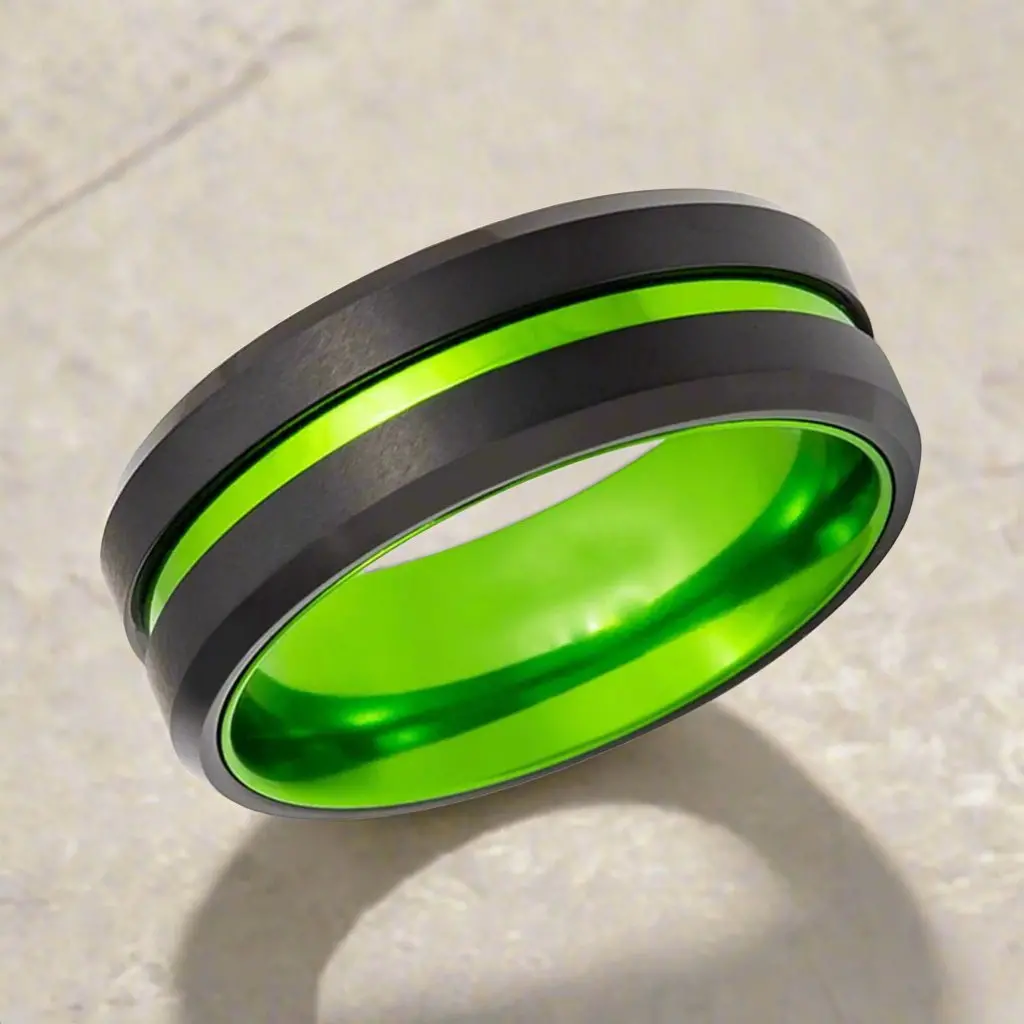 Tesla | Green Ring, Black Tungsten, Green Groove, Beveled Edges 3