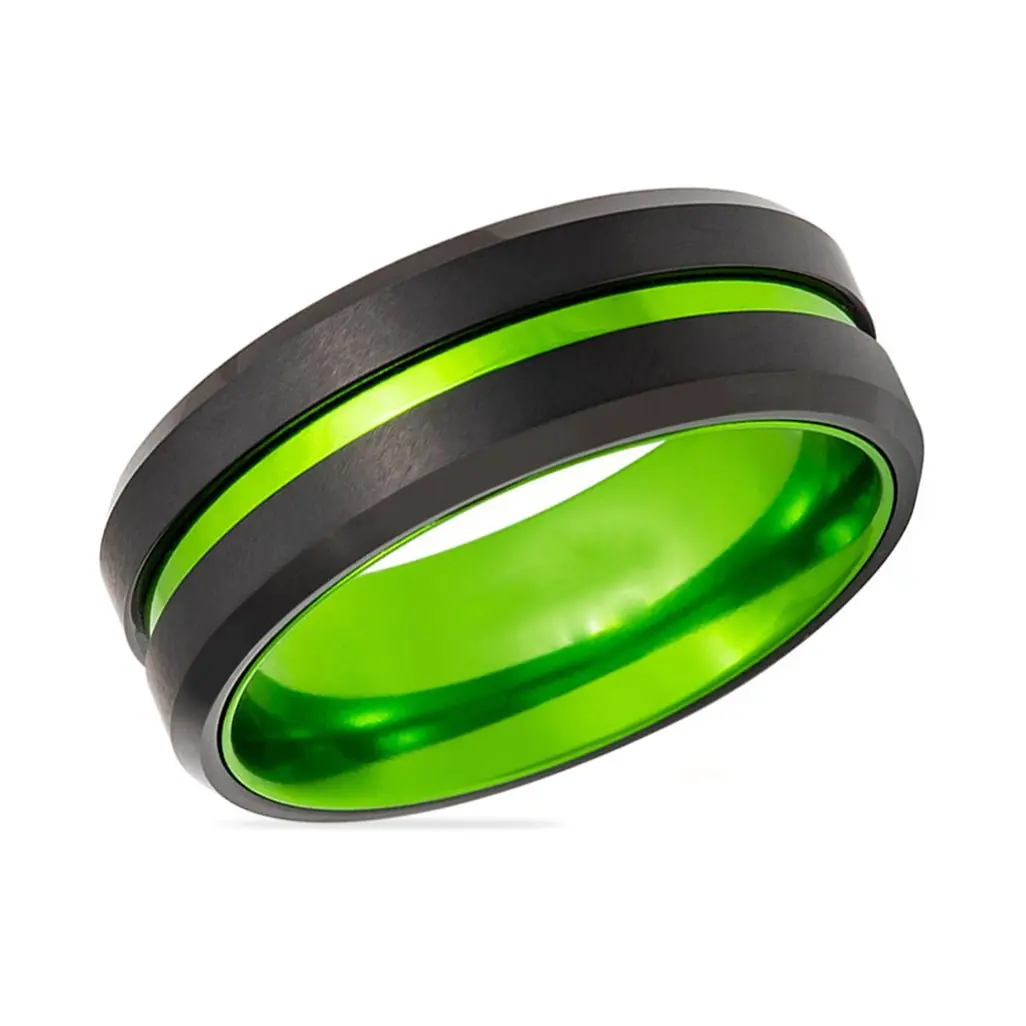 Tesla | Green Ring, Black Tungsten, Green Groove, Beveled Edges 6