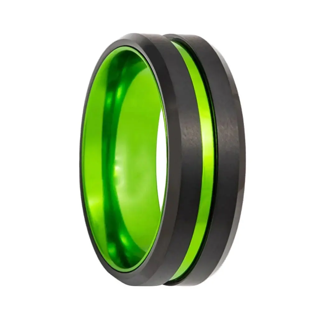 Tesla | Green Ring, Black Tungsten, Green Groove, Beveled Edges 7
