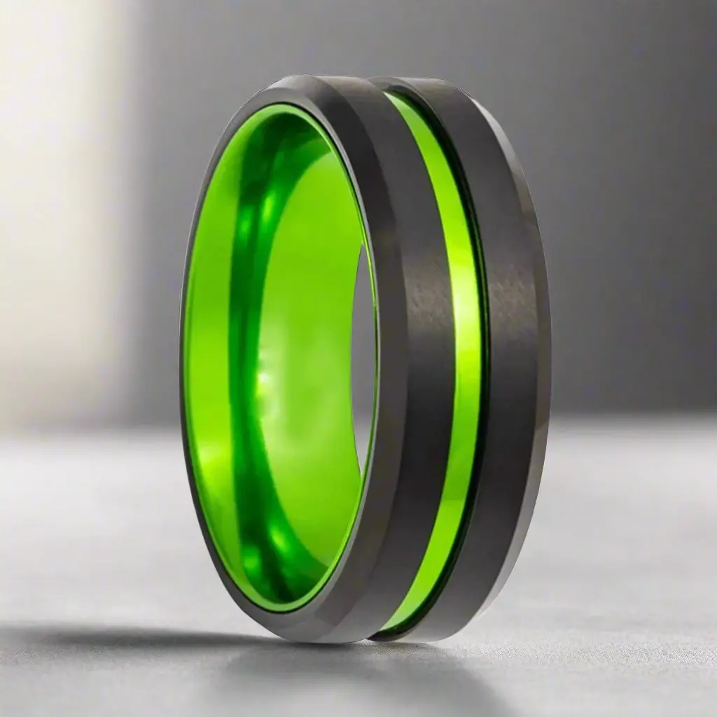 Tesla | Green Ring, Black Tungsten, Green Groove, Beveled Edges 1