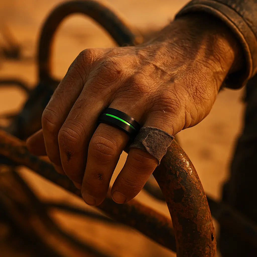 Tesla | Green Ring, Black Tungsten, Green Groove, Beveled Edges 2