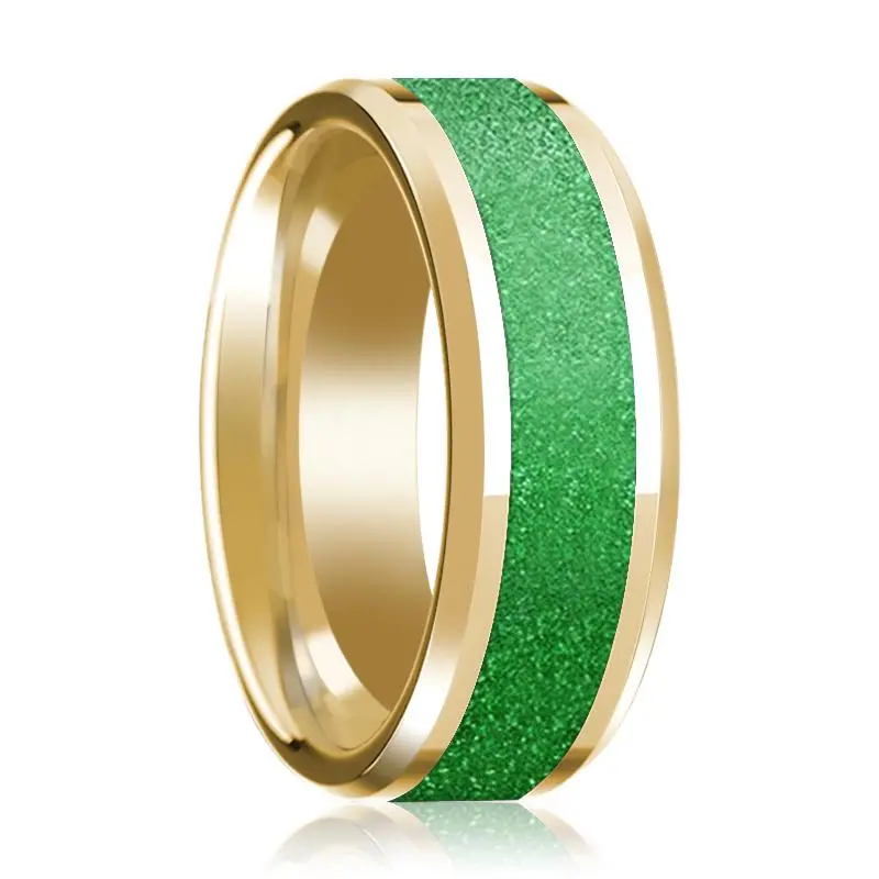 Textured Green Inlaid Men's 14K Yellow Gold Polished Wedding Band With Bevels - 8Mm 1