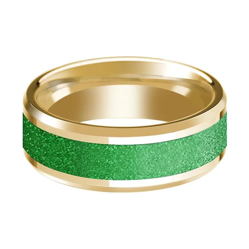 Textured Green Inlaid Men's 14K Yellow Gold Polished Wedding Band With Bevels - 8Mm 2