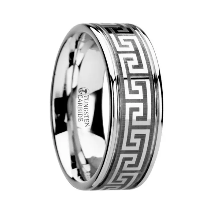 Thasos | Tungsten Ring Greek Key Meander Design 1