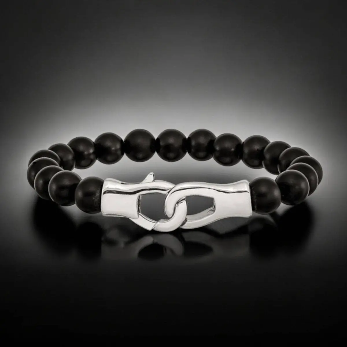 Men's Beaded Bracelet - Black Agate Beads With Stainless Steel Clasp, 9 Inch 1