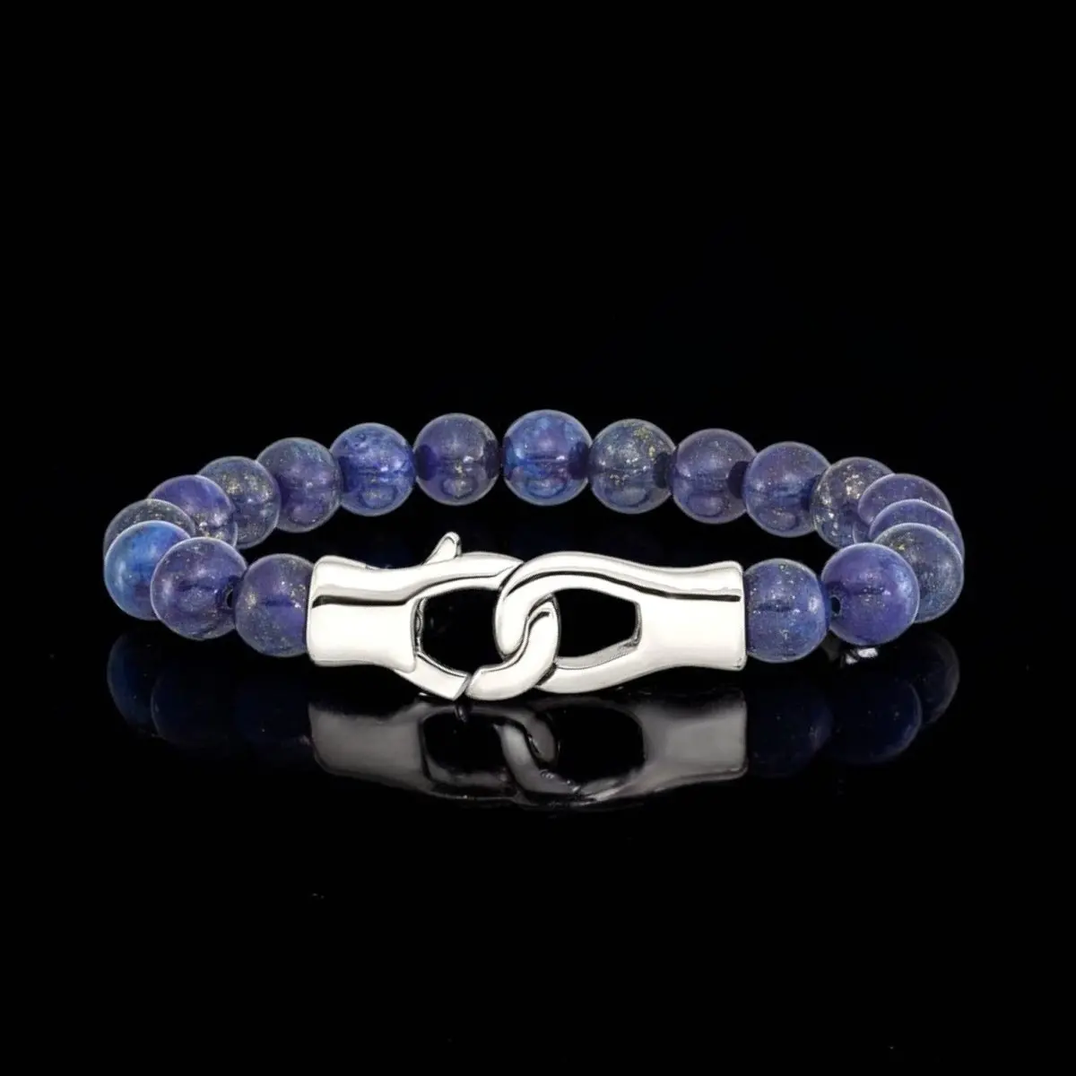 Men's Beaded Bracelet - Natural Lapis Stone Bracelet With Polished Steel Clasp 1