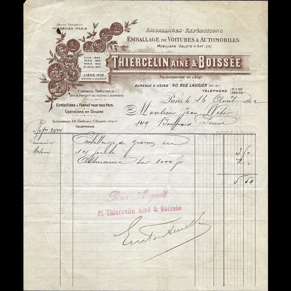 Thiercelin Ainé Et Boissée - Facture De L'emballeur Expéditeur, 40 Rue Laugier À Paris (1912) 1