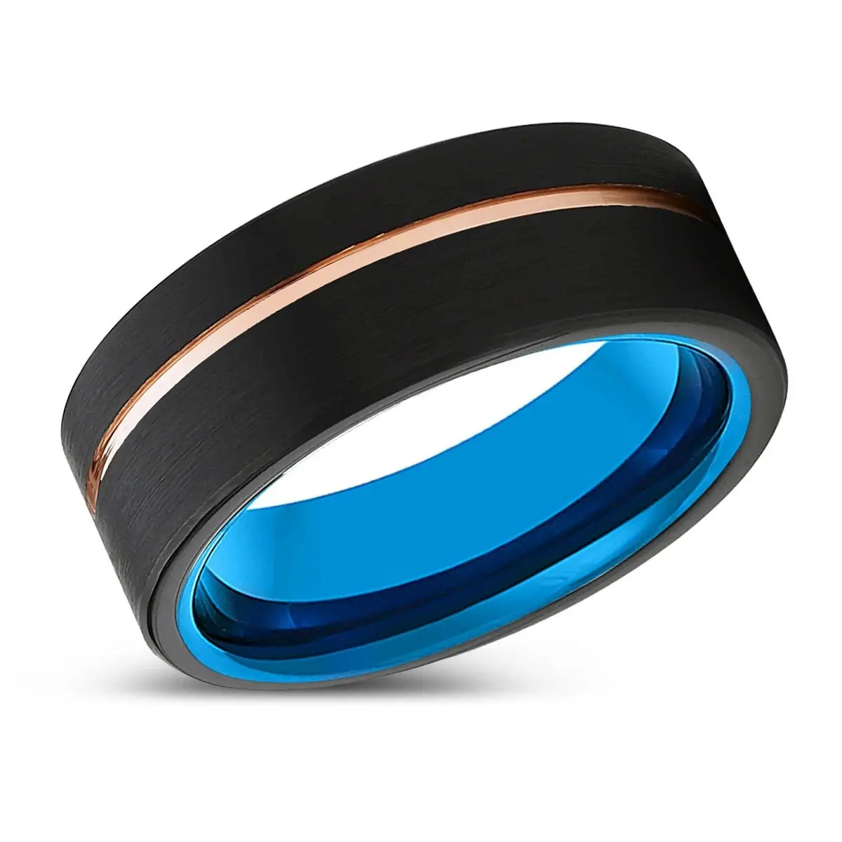 Thorn | Blue Tungsten Ring, Black Tungsten Ring, Rose Gold Offset Groove, Brushed, Flat 2