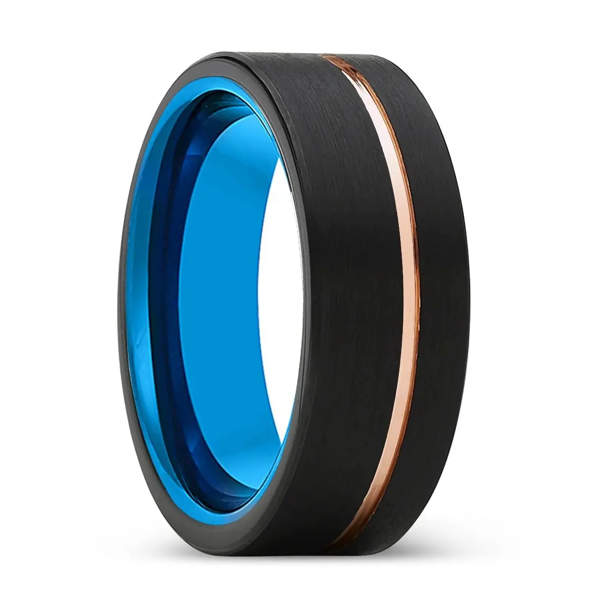 Thorn | Blue Tungsten Ring, Black Tungsten Ring, Rose Gold Offset Groove, Brushed, Flat 1