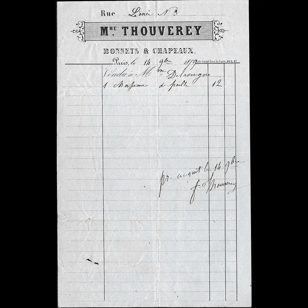 Mme Thouverey - Facture De La Maison De Bonnets Et Chapeaux, 3 Rue Léonie À Paris (1859) 1