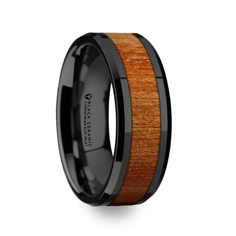 Thracian | Black Ceramic Ring, Carpathian Wood Inlay, Beveled 1