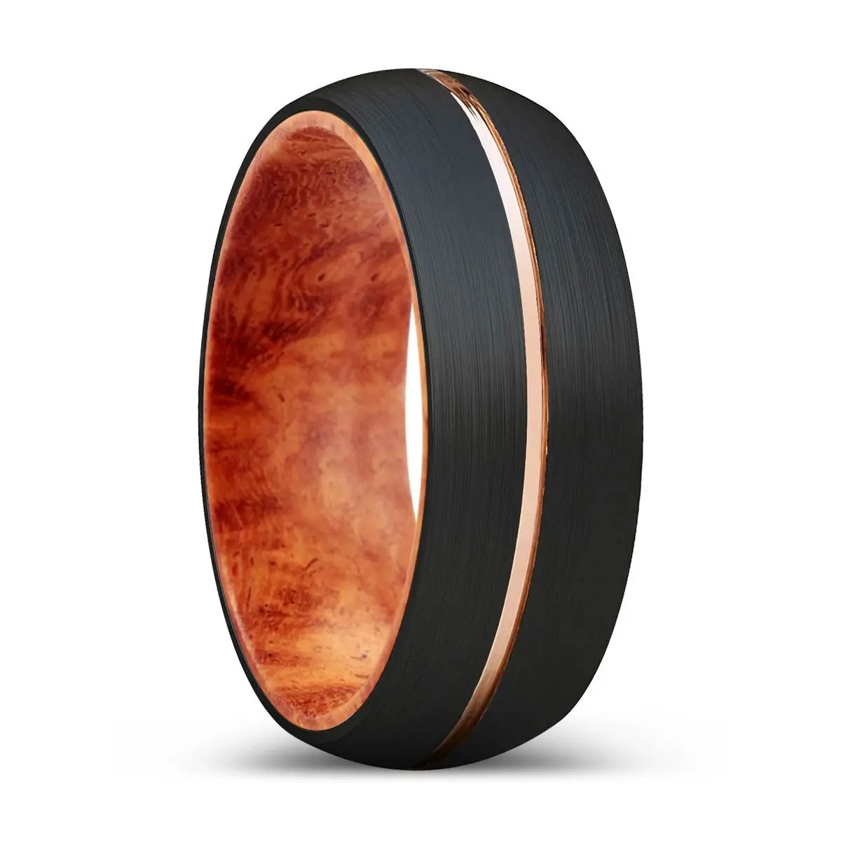 Throk | Red Burl Wood, Black Tungsten Ring, Rose Gold Groove, Domed 1