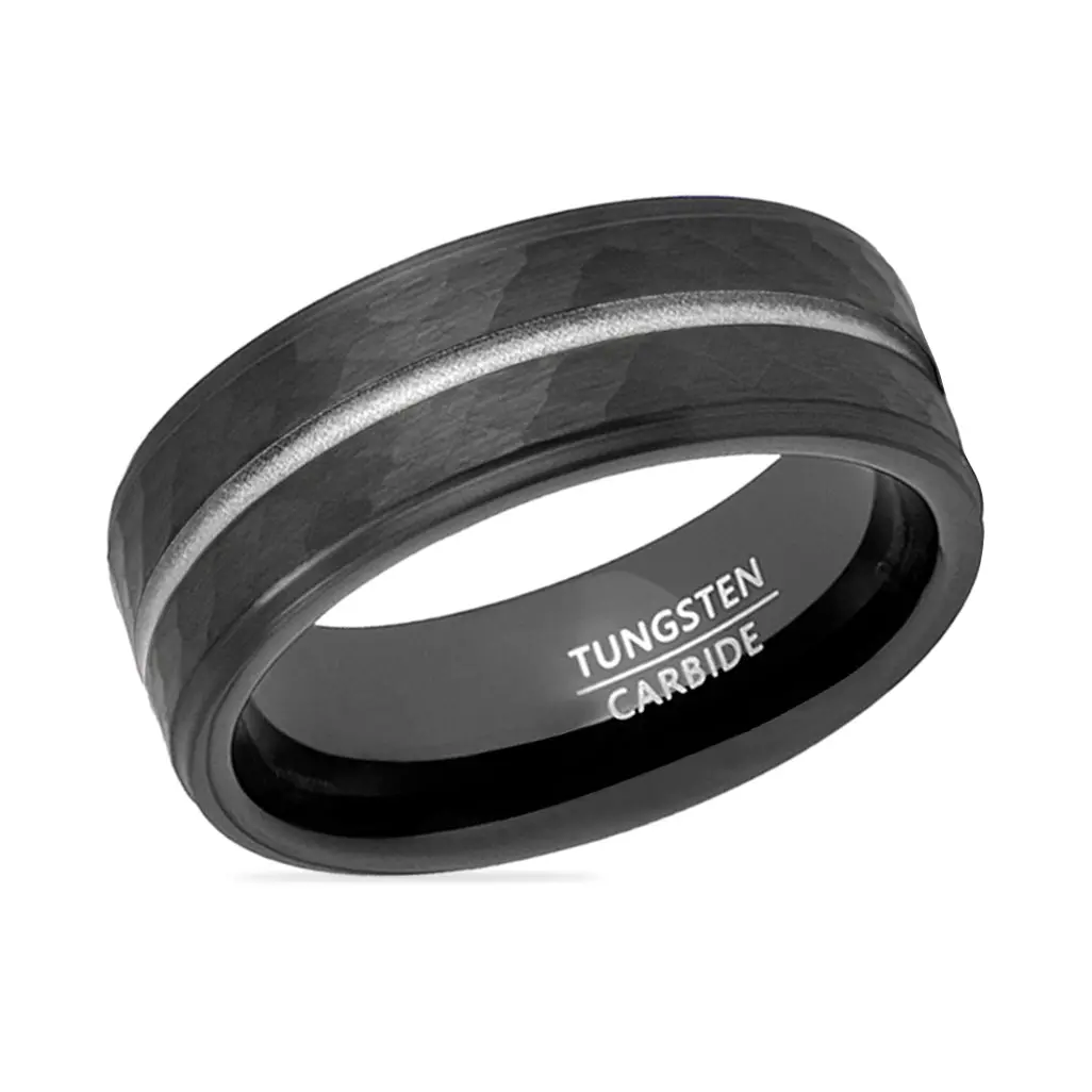 Thunder | Black Tungsten Ring, Hammered, Silver Groove, Stepped Edge 2