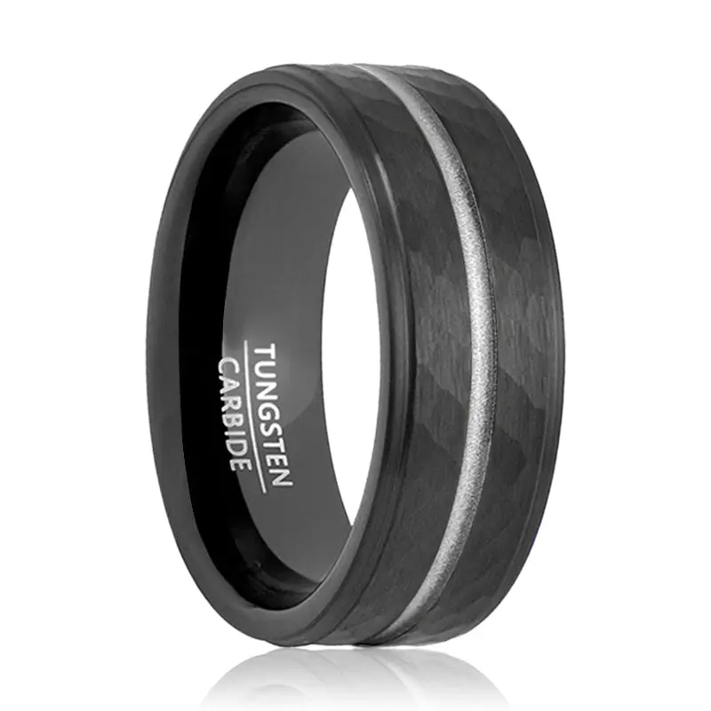 Thunder | Black Tungsten Ring, Hammered, Silver Groove, Stepped Edge 1