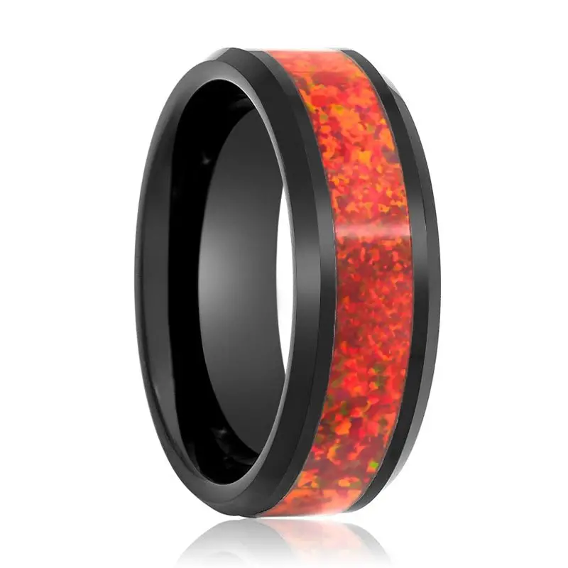 Thunder | Tungsten Ring Red Fire Opal Inlay 1