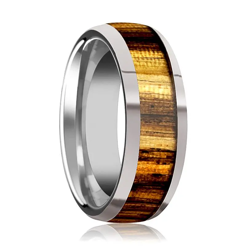 Tigre | Silver Tungsten Ring, Zebra Wood Inlay, Beveled 1