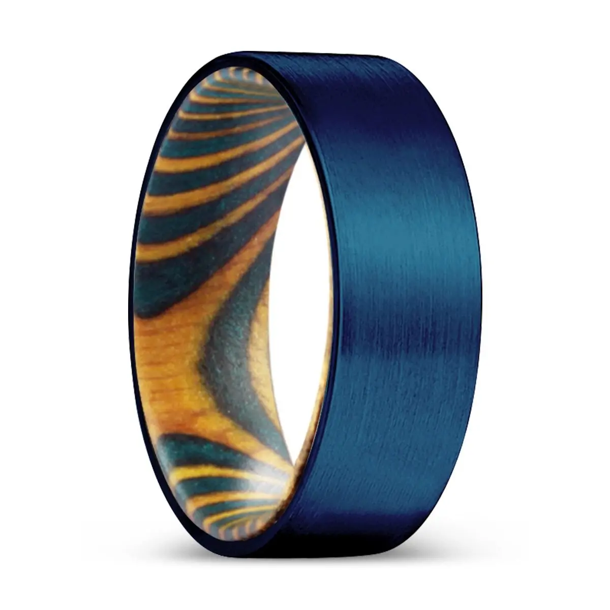 Tigress | Green & Yellow Wood, Blue Tungsten Ring, Brushed, Flat 1