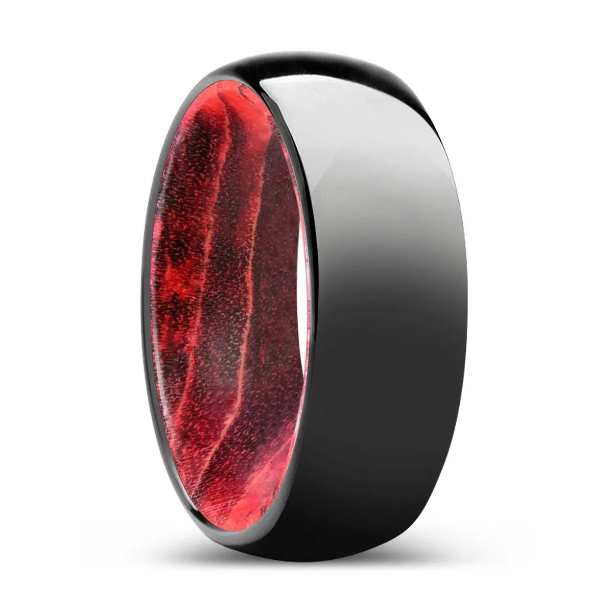Timber | Black & Red Wood, Black Tungsten Ring, Shiny, Domed 1