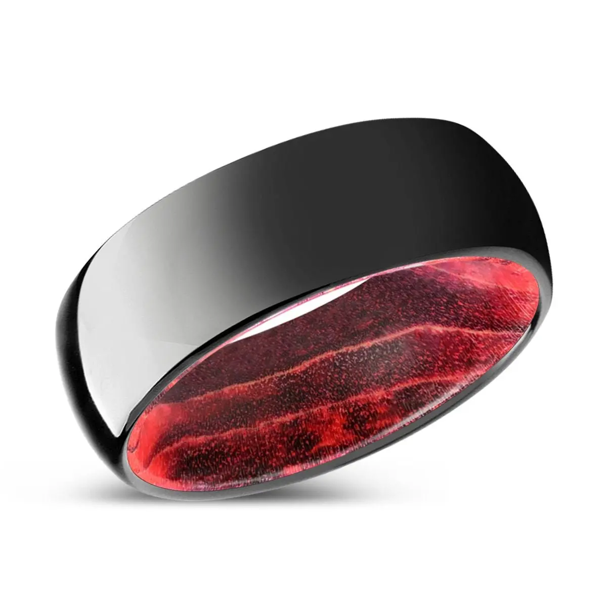 Timber | Black & Red Wood, Black Tungsten Ring, Shiny, Domed 2